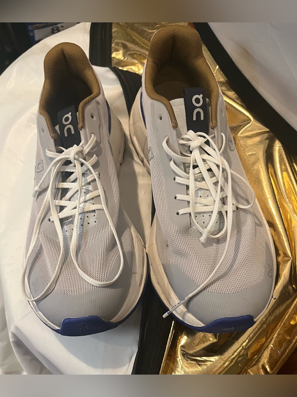 On Running woman Gray and Blue Athletic Sneakers with Tan Lining